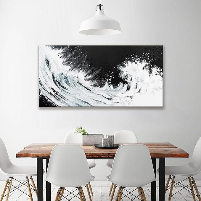 Black Abstract Wall Art Living Room Abstract Painting Wall Decor Modern 24"X 48" Canvas Art Wall Decor Black White Ocean Waves Wall Art Canvas Prints Artwork Pictures For Bedroom Kitchen Artwork