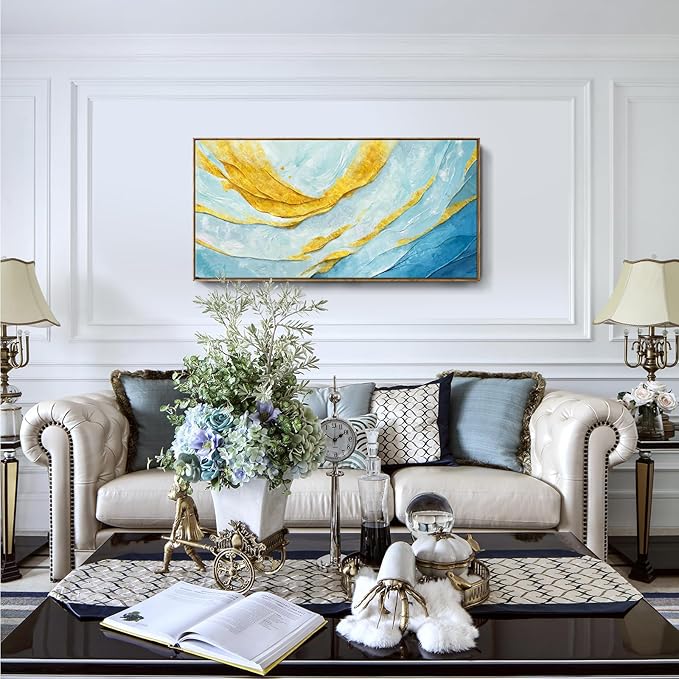 Nicetop Framed Abstract Wall Art for Living Room– Large Size Coastal Canvas Print Modern Picture Horizontal Blue and Gold Artwork with Wood Frame for Bedroom Home Office Aesthetic Decor 48x24 Inch