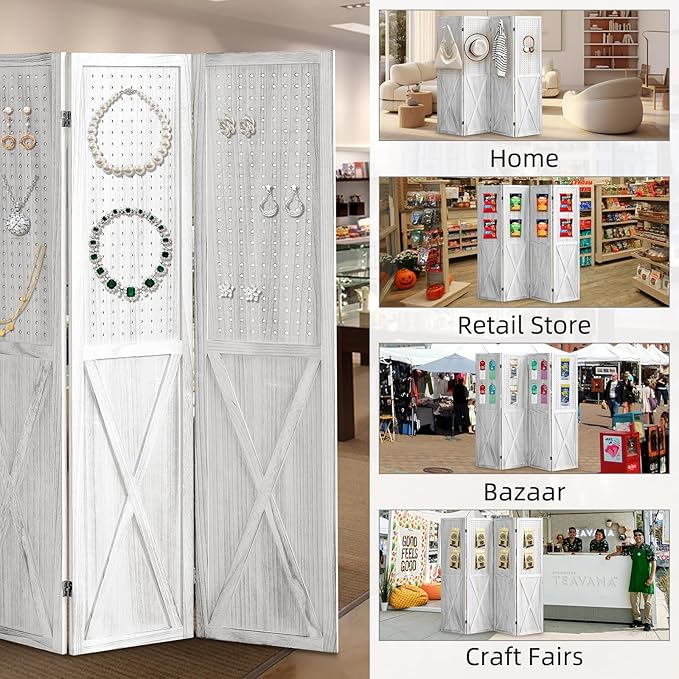 4 Panel Pegboard Display Room Divider Panel, Peg Board Room Divider and Folding Privacy Screen, 5.6Ft Wood Divider Wall, Pegboard Display Stand Organizer for Art, Craft Show, Jewelry (White)