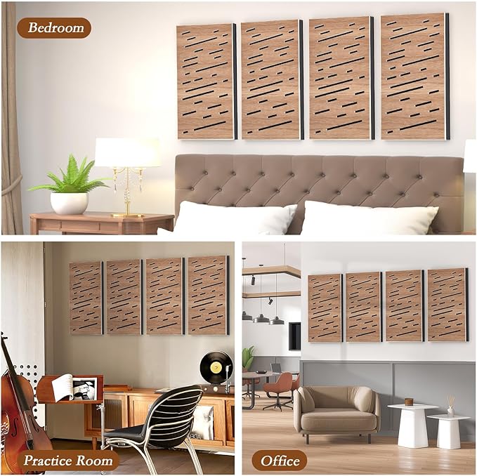 4Pack Acoustic Wall Panel, Self-Adhesive Soundproof Foam Panels for Wall, 3D Perforated Tri-Layer Polyester Fiber Decorative Acoustic Insulation for Recording Studio, Office, 24×12×1.78", Rain-Line