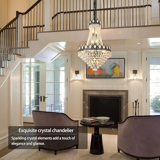 KoKo&Yukina Black 23.6" French Empire Crystal Chandelier - 14 Lights K9 Modern Farmhouse Adjustable Hanging Light for Living Room, Dining Room, Bedroom