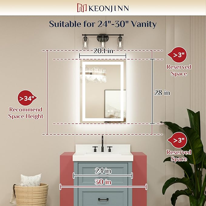 Keonjinn LED Bathroom Mirror with Lights 20 x 28 Inch, Brighter Frontlit & Backlit Vanity Mirror with 3 Color Lights, Lighted Bathroom Mirror with Anti-Fog, HD Tempered Glass, UL-Listed LED Driver