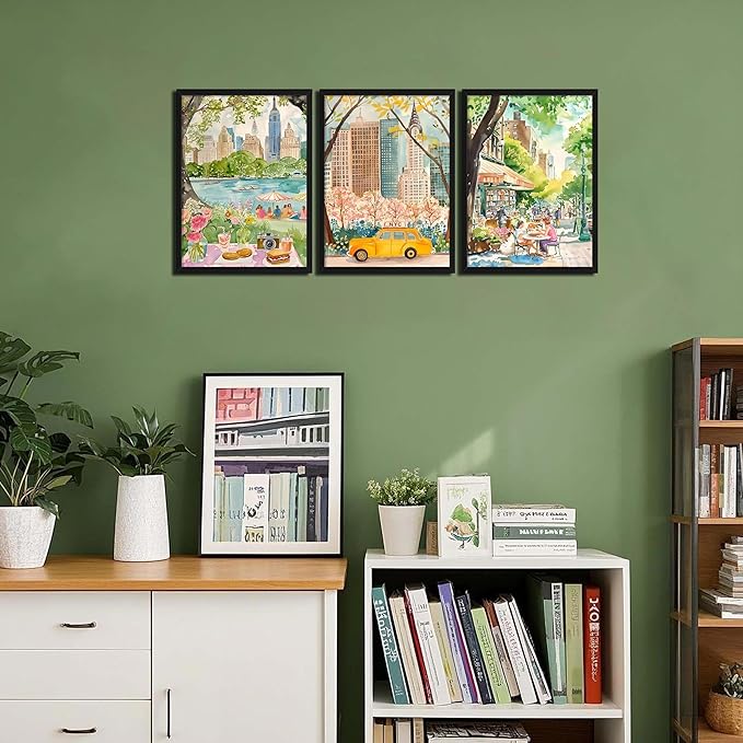 MUWAK Framed New York City Canvas Wall Art Set of 3 – Colorful NYC Skyline Central Park Yellow Taxi Posters, Modern Urban Landscape Wall Decor for Living Room Bedroom Office – 16x24in