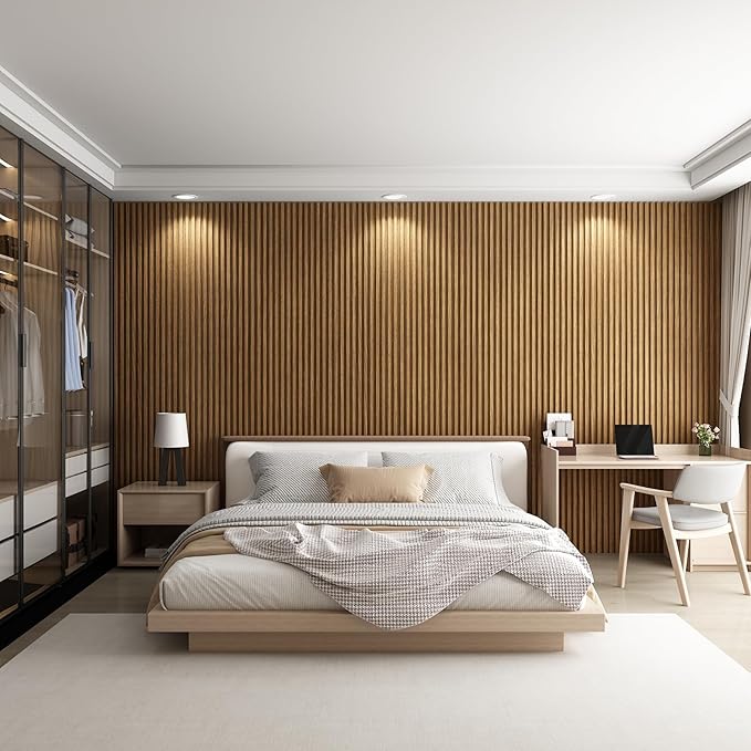 8-Pack WPC Wall Panels 108’’ x 6.1’’ 3D Slat Wall Panel Acoustic Wall Paneling for Interior Wall Decor TV Background Kitchen Bedroom Oak