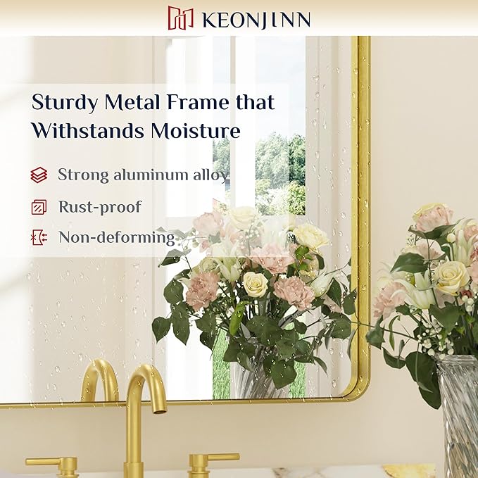 Keonjinn Gold Mirrors for Bathroom Sink, 30 x 36 Inch Rounded Rectangle Brushed Brass Mirror, Metal Framed Rectangular Wall Mirror, HD Tempered Glass Modern Decorative Mirror(Horizontal/Vertical)