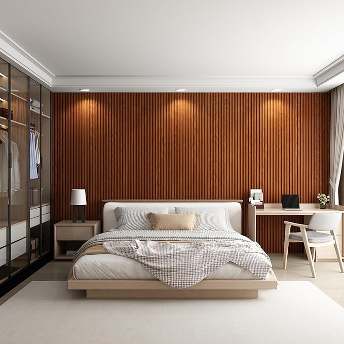 8-Pack WPC Wall Panels 108’’ x 6.1’’ 3D Slat Wall Panel Acoustic Wall Paneling for Interior Wall Decor TV Background Kitchen Bedroom Teak