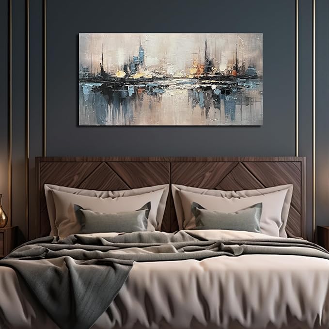 Abstract Canvas Wall Art for Bedrooom Blue and Gray Wall Decor for Living Room City Wall Art for Office 20 x 40 Inches