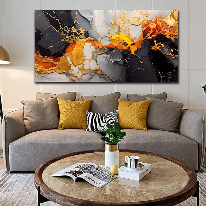 Canvas Wall-Art Black and White - Large Abstract Wall Art for Living Room - Yellow Wall Decor Bedroom Office Pictures Size 29" x 59"