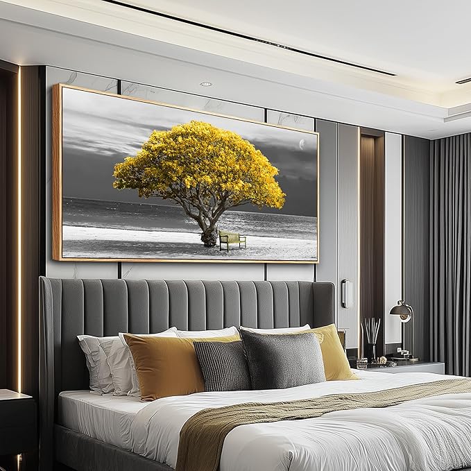 MHARTK66 Wood Framed Wall Decor For Living Room Large Canvas Wall Art For Office Bedroom Decoration Art Black And White Scenery Wall Painting Yellow Trees View Picture Hotel Room Home Artwork