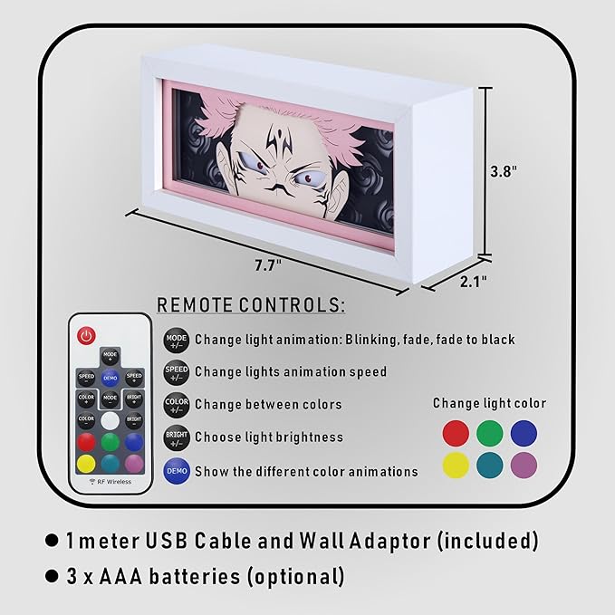 Anime LED Light Box, Manga Shadow Box Frame, Anime Paper Cut, Table Lamp for Anime Enthusiasts, RGB Multi Color Light, Night Light for Room Decor, Unique Anime Desk Decor (Sukuna)