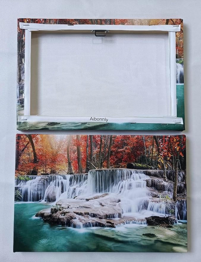 Aibonnly Wall Art Canvas Painting Red Forest Waterfalls 1 Piece Modern Landscape Tree Picture Poster Print Framed and Stretched Ready to Hang for Living Room Bedroom Kitchen Office Home Decor