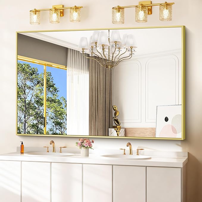 40x60inch Gold Bathroom Mirror, Gold Rectangle Mirror with Frame, Large Rectangular Wall Mirrors for Bathroom, Living Room, Hair Salon, Big Farmhouse Mirror Hang Horizontal/Vertical