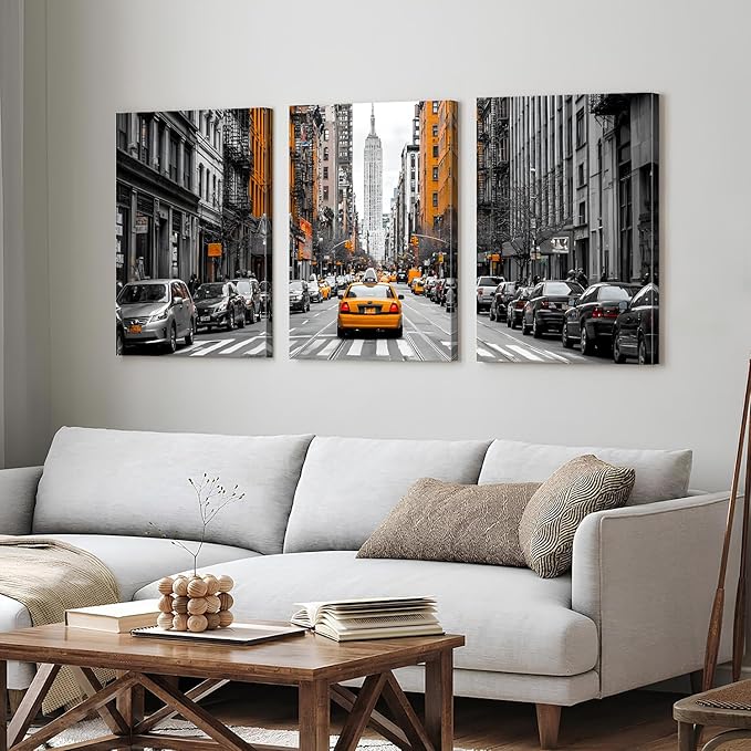 Black and White Nyc Wall Art Living Room Bedroom Wall Decor Cityscape Orange Taxi Framed Canvas Contemporary Street Car Poster Print City Photography Photo Man Bathroom Interior Decoration 24x36 3pcs