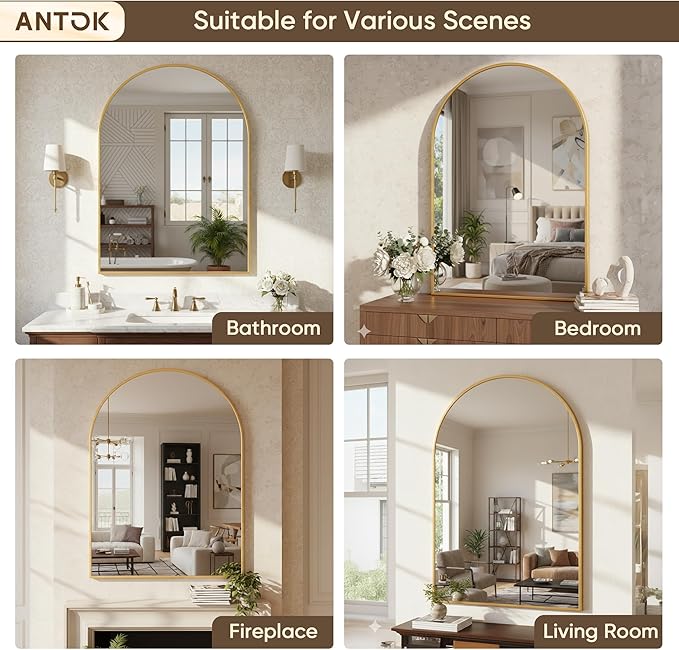 Antok Wall Mirror, 20"x30" Bathroom Vanity Mirror, Anti-Rust HD Tempered Glass, Wall Mounted Mirrors for Living Room, Entryway, Gold Frame, Arched