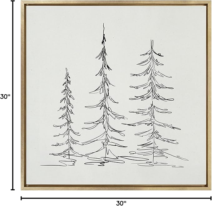 Kate and Laurel Sylvie Minimalist Evergreen Trees Sketch Framed Linen Textured Canvas Wall Art by The Creative Bunch Studio, 30x30 Gold, Chic Modern Art for Wall