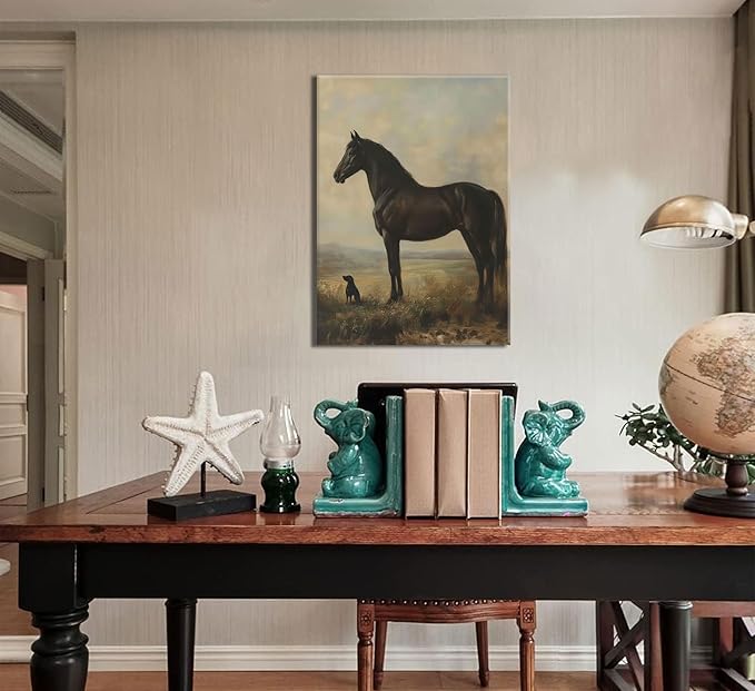 Vintage Horse Wall Art Horse and Dog Farmhouse Canvas Wall Decor Rustic Classic Horses Posters Pictures Western Style Horses Painting Prints For Living Room Office Bedroom Framed