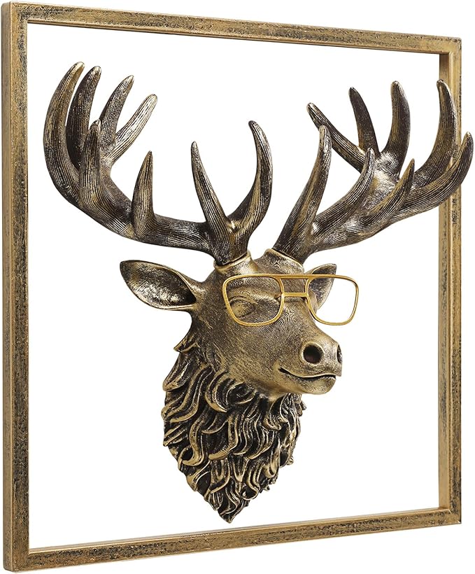 JJALIGHTS Animal Heads Wall Decor Resin Animals Sculptures Head Wall Hanging Decoration Imitation Copper vintage Wall Sculpture for Living Room Bedroom Office(Deer,include metal frames)