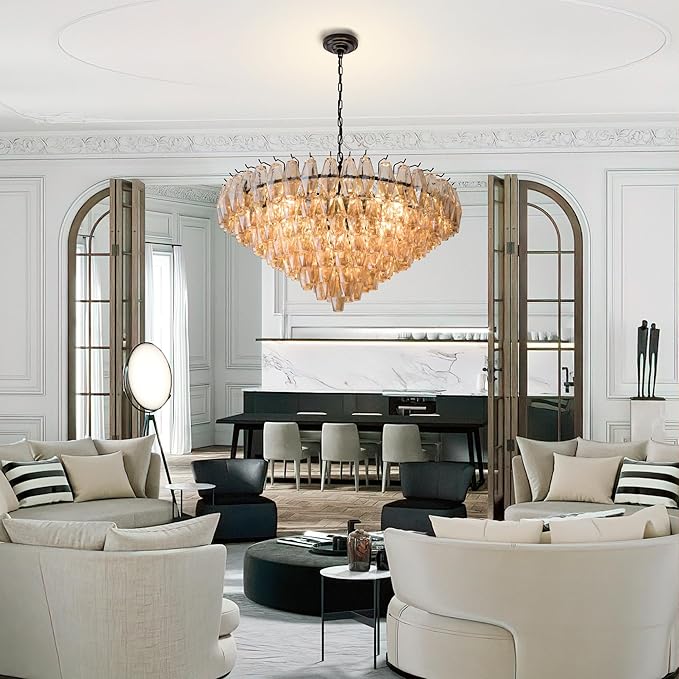 Modern Round Chandelier, 37" Extra Large Black Chandeliers for Dining Room, 14-Light with Tiered Smoke Glass Tubes Ceiling Light, Pendant Lighting Fixture for Living Room Bedroom Kitchen Island