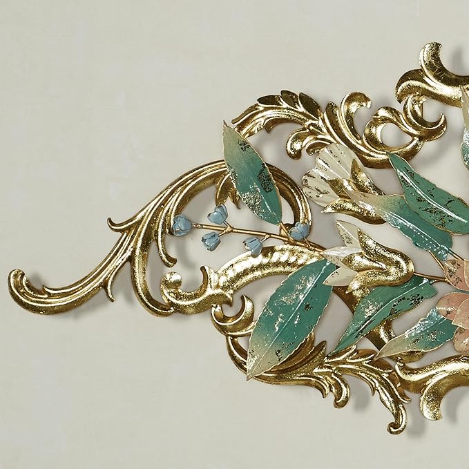 Abylissa Floral Metal Wall Art | Hand-Finished and Hand-Dyed with Pastel-Hued Alcohol Ink | Shimmering Metallic Gold Leaf Detailing | Openwork, Dimensional Flower Wall Sculpture with Regal Scrollwork