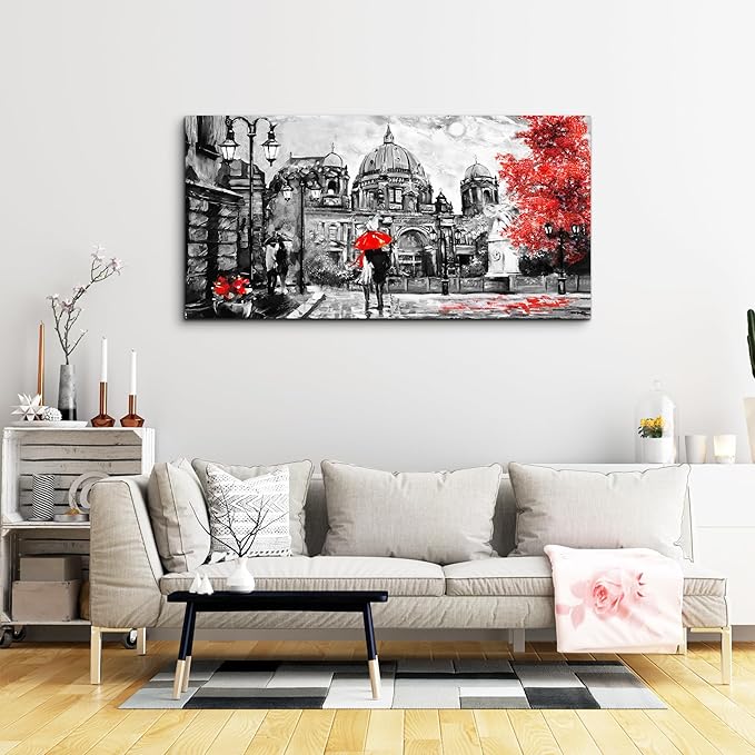 Black and White Buildings and Lovers Holding Umbrellas Under Street Lamps Canvas Art Print Artwork Wall Art for Living Room bedroom Wall Decor,Modern Home Decor Watercolor wall painting decoration
