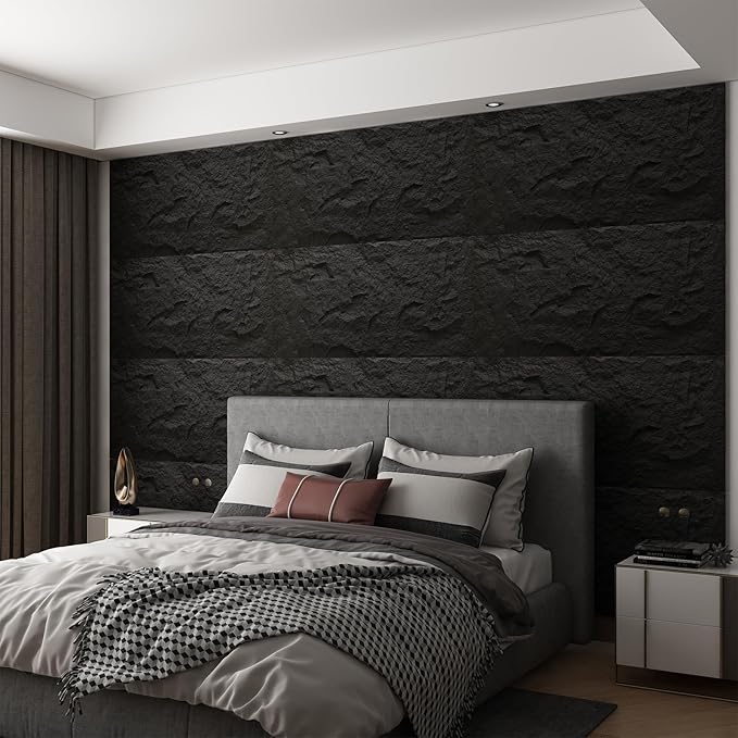 OUZUGIE 4 PCS Faux Stone Wall Panel 47.2’’ x 23.6’’ Interior Exterior Wall Decor 3D PU Panel with Lava Stone Design Black