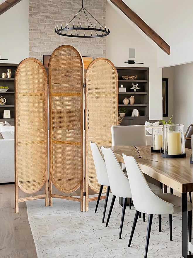 3 Panel Room Dividers and Folding Privacy Screens, Wooden Room Divider with Bi-Directional Hinge, Pre-Assembled Hand-Made Rattan Privacy Dividers for Balcony, Bedroom, Hotel Decorations