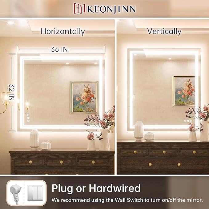 Keonjinn LED Bathroom Mirror 32" x 36" Frontlit and Backlit, Large Stepless 3 Colors Temperature & Dimmable Wall Mirror, UL Listed LED Driver Double LED Strip, Anti-Fog Frameless Tempered Glass Mirror