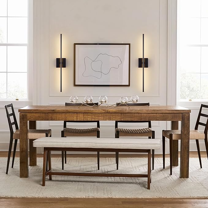 Battery Operated Wall Sconces with Remote Control, Dimmable Wall Sconces Set of Two, 350°Rotate, 3000K LED Black Wireless Wall Light for Living Room, Hallway, Bedroom, 24.4 Inch (2 Pack)