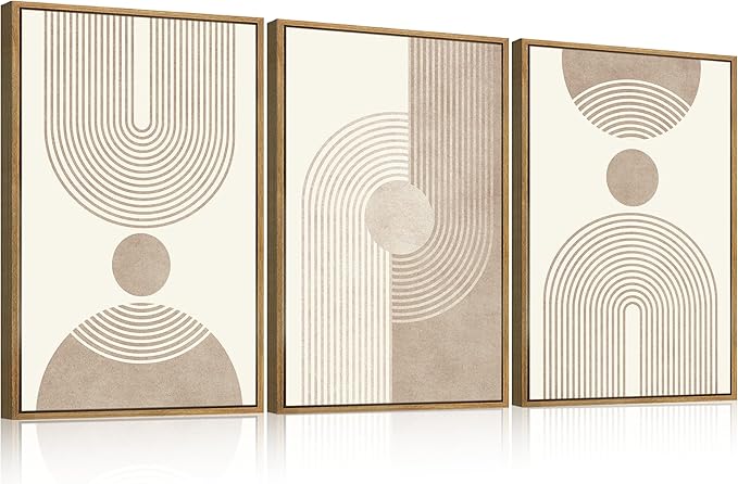 BINCUE Beige Neutral Canvas Wall Art Framed Geometric Abstract Wall Decor Mid Century Modern Artwork Wall Decor for Living Room Bedroom Office 16"x24" Set 3 Gift
