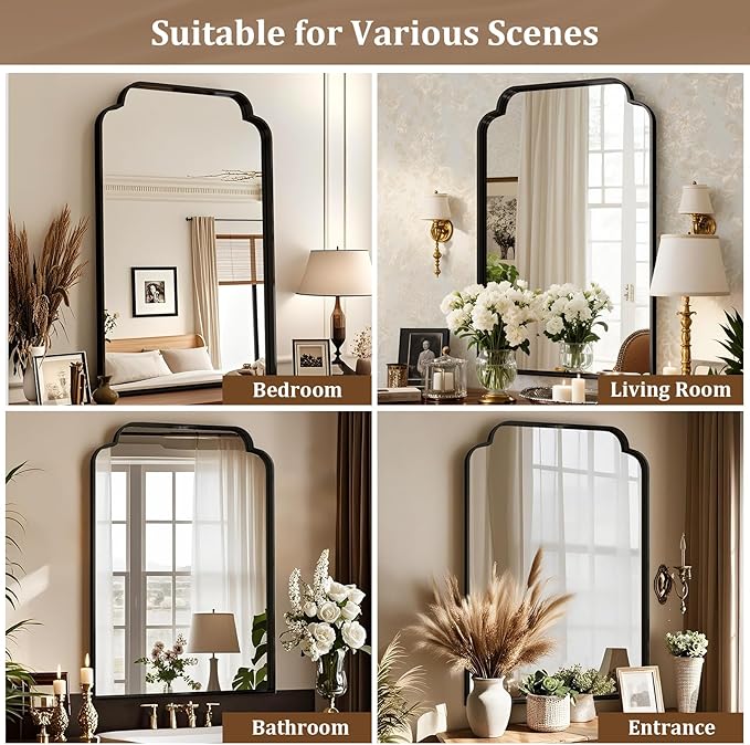 24X36 Inch Black Bathroom Mirror for Wall, Modern Rounded Corner Rectangle Mirror with Non-Rusting Iron Metal Framed Bathroom Vanity Mirror for Over Sink Wall Decor