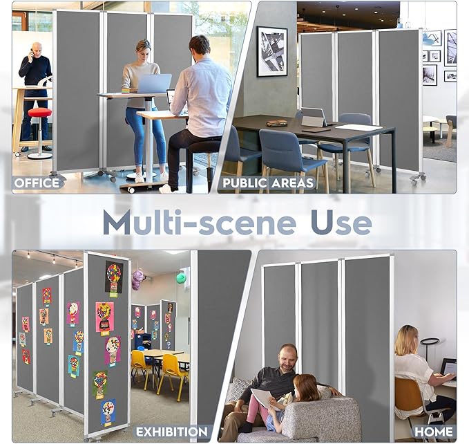 MAKELLO Portable Office Partitions 72" H x 71" W, Freestanding Office Dividers Partition Wall for Room, 3-Panel Trifold Privacy Panel, Aluminum Frame, Gray Felt