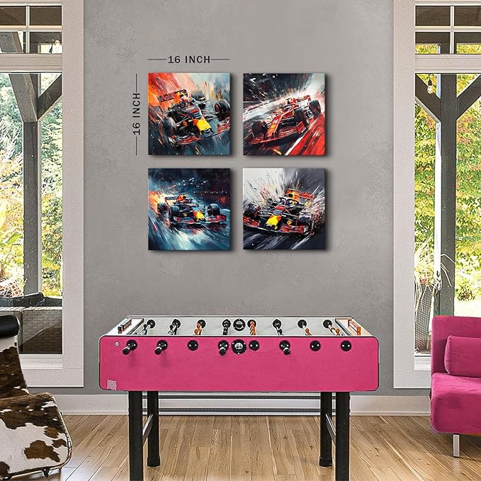 Abstract Supercar Wall Art for Man Cave Colorful Formular Car Pictures Cool Boys Bedroom Posters Black and White Cyberpunk Vehicle Canvas Prints Sport Artwork Playroom Office Home Decoration 16x16" 4P