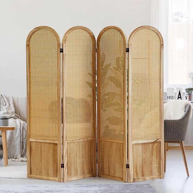 4 Panel Room Dividers and Folding Privacy Screens, Hand-Made Rattan Room Divider with Bi-Directional Hinge, Pre-Assembled Wood Room Divider Wall for Home Office Bedroom, Light Brown