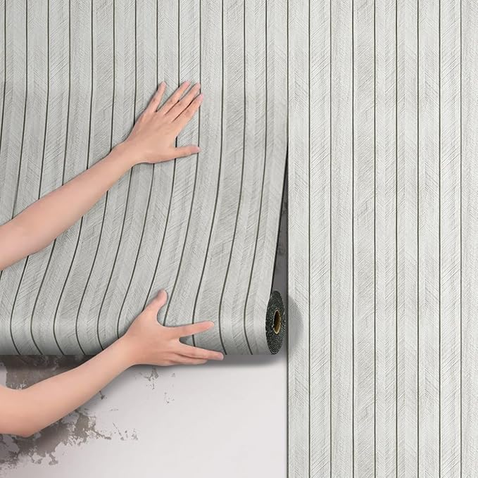 Wood Grain Slat 3D Wall Panel -23.6"x118"Soundproof Self-Adhesive Wall Sticker,Thickened Moisture Resistant Removable PVC Slat Wallpaper &Foam Paneling for Wall,Ceiling(Light Grey,19.4Sq.ft)