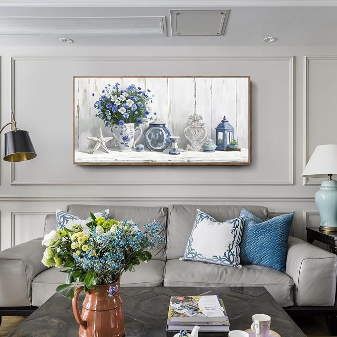 Nicetop Large Framed Artwork for Walls – Coastal Rustic Farmhouse Art Prints Blue and White Floral Canvas Art Vintage Country Shabby Chic Wall Picture for Living Room Bedroom Kitchen Dining 48x24 Inch