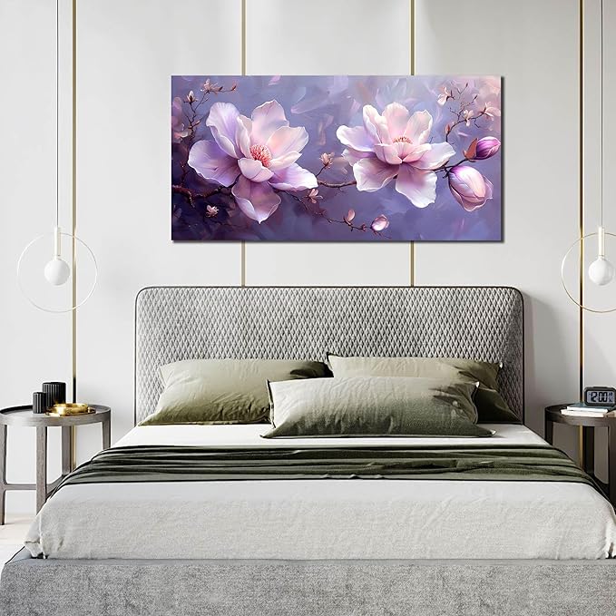 ANCXWOTER Botanical Wall Art Pink Purple Flower Artwork Modern Floral Canvas Prints for Living Room Bedroom Office Kitchen 24"x48"