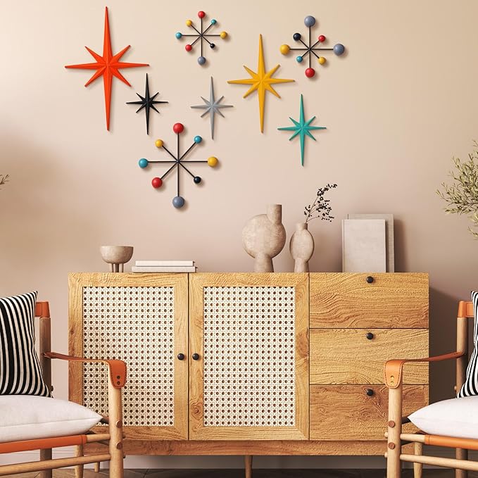 Otoolling 8 Pcs Retro Wall Decor Metal Mid Century Modern Art Retro Vintage Colors 3D Star Atomic Sculpture Iron Starburst Vintage Celestial Metal Wall Decor Accent Hangings for Home Office Room