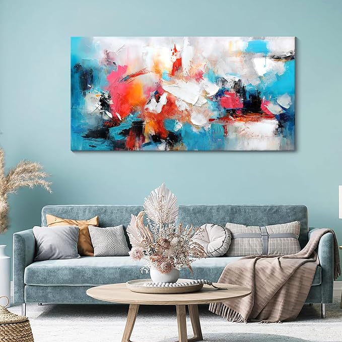 Abstract Wall Art Canvas Hand-Painted Art in Blue and Pink Office Wall Decor Wall Art for Living Room Paintings for Wall Decorations Modern Wall Decor for Bedrooms, and dining Room 24×48in