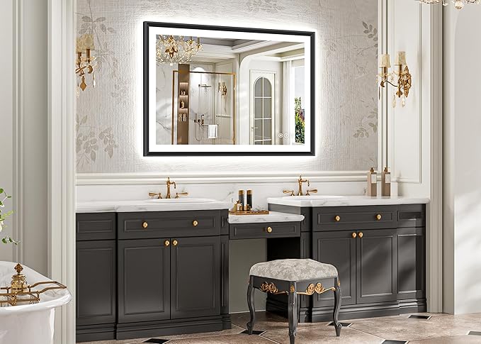 44x30 Black Framed Led Bathroom Mirror with Lights, Front Lit and Backlit, Lighted Vanity Mirror for Bathroom Wall, Anti-Fog, Dimmable, 3 Colors, Memory, HD Tempered Glass