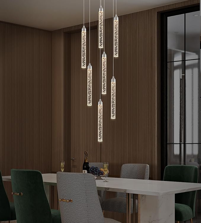 7-Lights High Ceiling Crystal Staircase Chandelier Chrome Pendant Lights Modern Spiral Raindrop Dimmable LED Bubble Cluster Ceiling Hanging Lighting Fixture for Foyer Living Room Remote Control