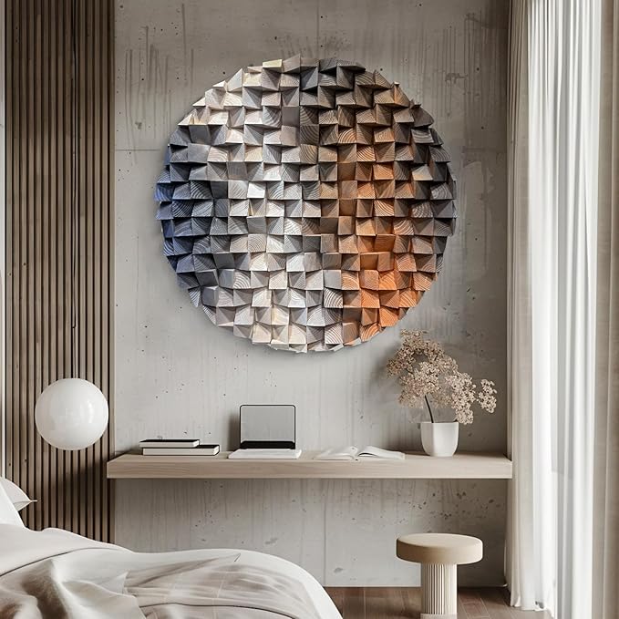 LIUZEYUE - 3D wooden block painting gradient coffee white art background wall wooden block abstract geometric wall decoration living room/bedroom/office modern minimalist style decoration Diameter 39.4"