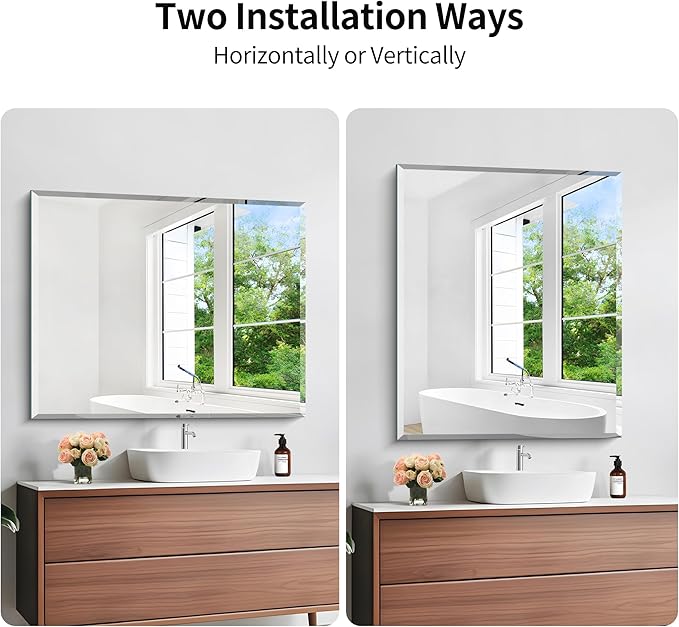 KOCUUY Beveled Mirror, 36x30 Inch Frameless Bathroom Mirror for Over Sink, Upgraded Shatterproof Beveled Unframed Design Mirror for Bathroom, Bedroom, Hang Horizontal/Vertical