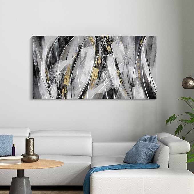 KLAKLA Black and Gold Abstract Wall Art - Big Picture for Living Room Wall - Black and White Canvas Art Work for Home Decor Bedroom Wall Decoration