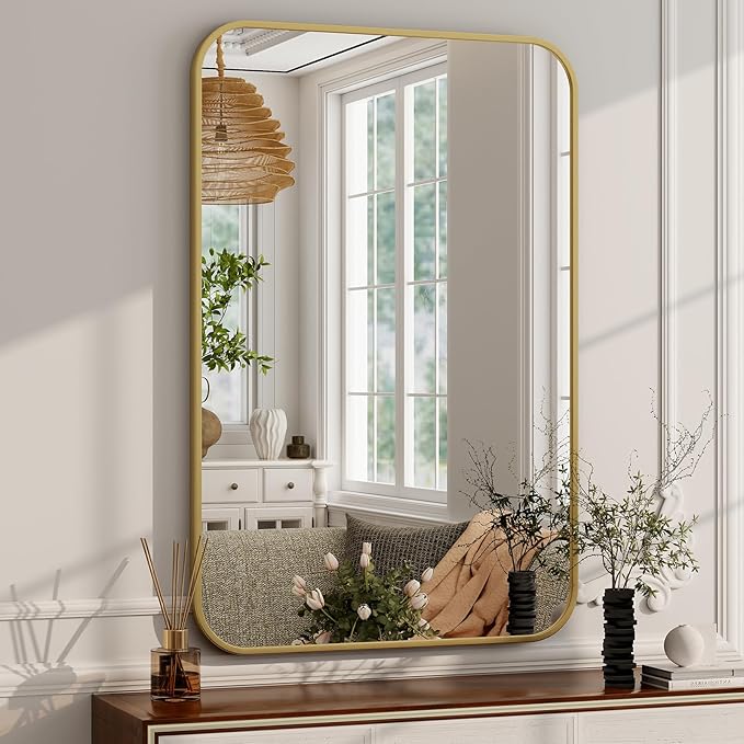 26 x 38 Inch Bathroom Mirror, Rounded Rectangular Vanity Mirror for Wall, Modern Mirror for Room Decor, Gold Framed Wall-Mounted Mirrors for Home Decor, Hangs Horizontally or Vertically