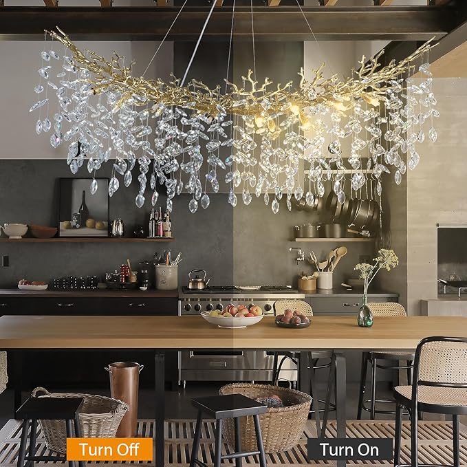 55inch Crystal Rectangle Chandelier for Dining Room, Gold Tree Branch Chandeliers Over Table, Top K9 Crystal Modern Chandeliers for Kitchen Island,Dining Table,Luxury Rectangular Chandeliers