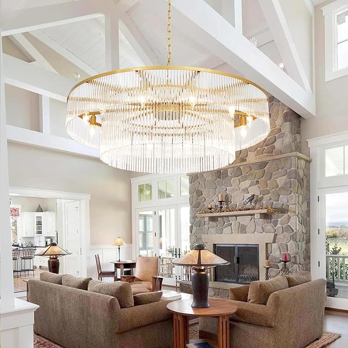 Modern Glass Chandelier Gold Chandeliers for High Ceiling Foyer Entryway Hanging Large Light Fixture for Grand Living Room Hall 39"