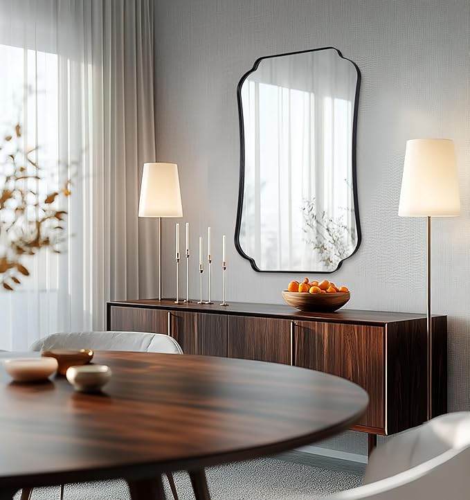 ANDY STAR Bathroom Vanity Mirror, 24x32 Matte Black Rectangle Mirror with Scalloped Round Corner, Vintage Asymmetrical Metal Wall Mirror for Entryway, Living Room