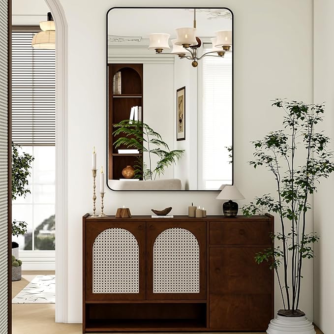 48"x36" Black Bathroom Mirror - Modern Black Mirror for Wall with Rounded Corners, Bathroom Mirrors for Vanity, Aluminum Alloy Framed Mirror Portrait or Landscape Hang, Horizontal or Vertical