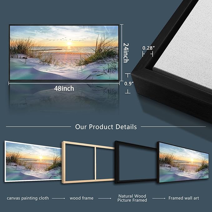 Black Wood Framed Canvas Wall Art - Large Size Ocean Beach Seascape Wall Pictures - Sunny Sea Theme - 24" X 48" - For Living Room, Bedroom & Office Decor