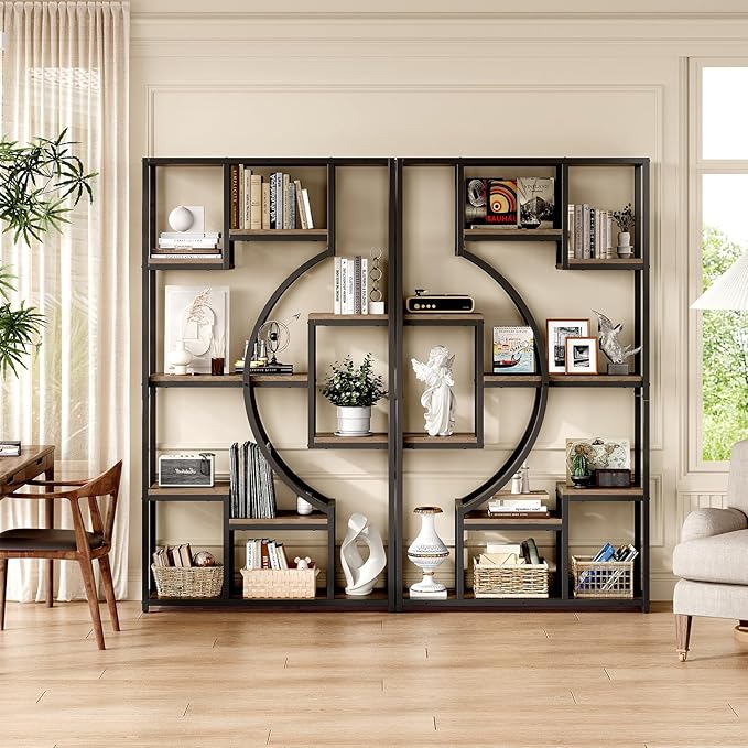 70.8" Tall Bookshelf Set of 2, 79" Wide Geometric Display Shelf with 18 Open Storage Shelves, Scratch-Resistant Gray Wash & Metal Frame, for Living Room, Office, Bedroom – Anti-Tip & Adjustable Feet